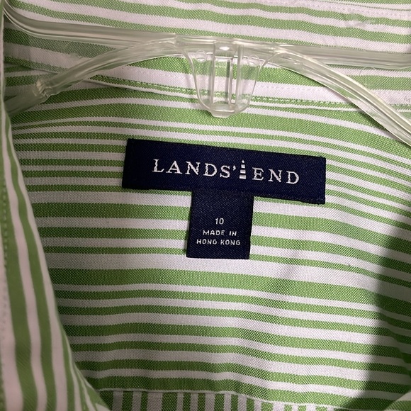 Women’s size 10 Lands’ End green/white pinstripe button-down long sleeve shirt - Picture 2 of 11